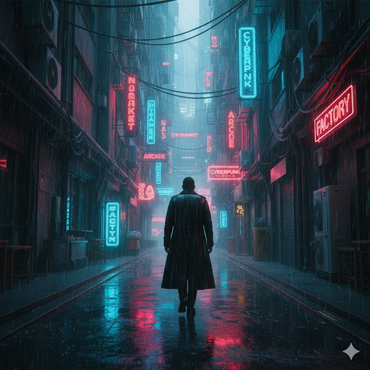 A lone figure in a cyberpunk city alley