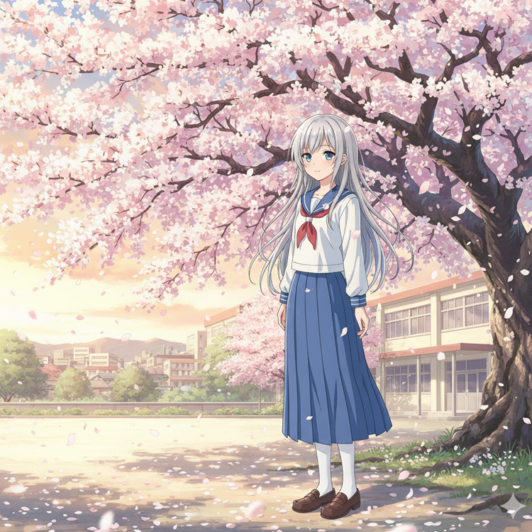 An anime girl under a cherry blossom tree
