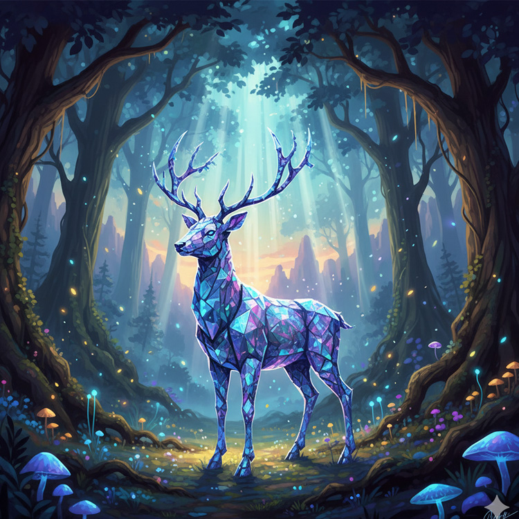 A crystal stag in an enchanted forest